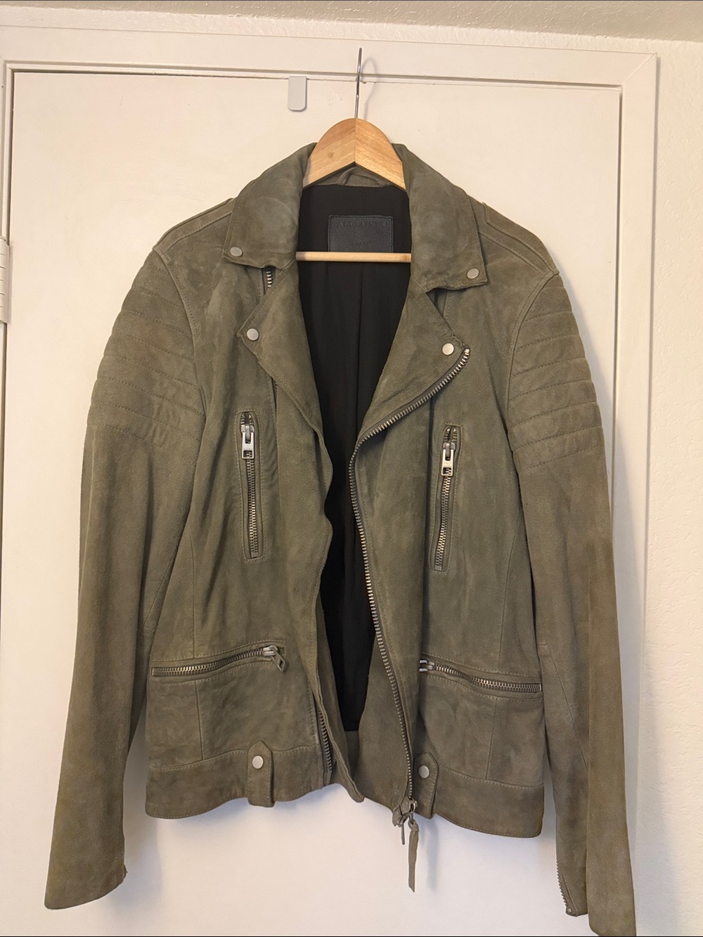 AllSaints Olive Suede Biker Jacket